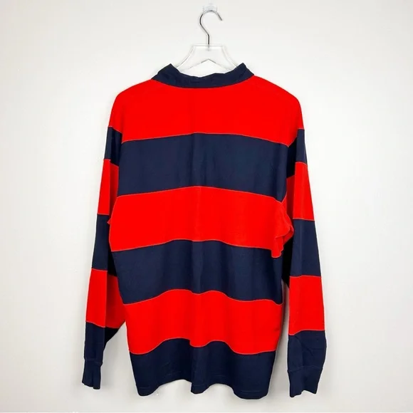 Vintage Polo Ralph Lauren Rugby Long Sleeve Shirt Stripe Red Navy Blue Sz Large - Picture 4 of 4
